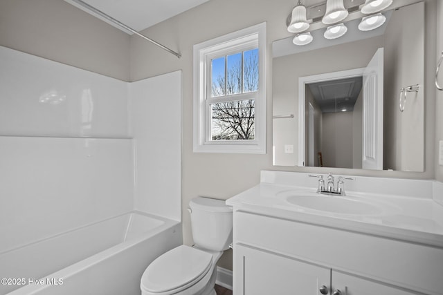 full bathroom with toilet, shower / washtub combination, and vanity