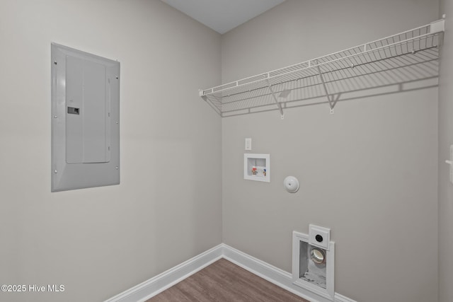 laundry room featuring laundry area, washer hookup, gas dryer hookup, hookup for an electric dryer, and electric panel