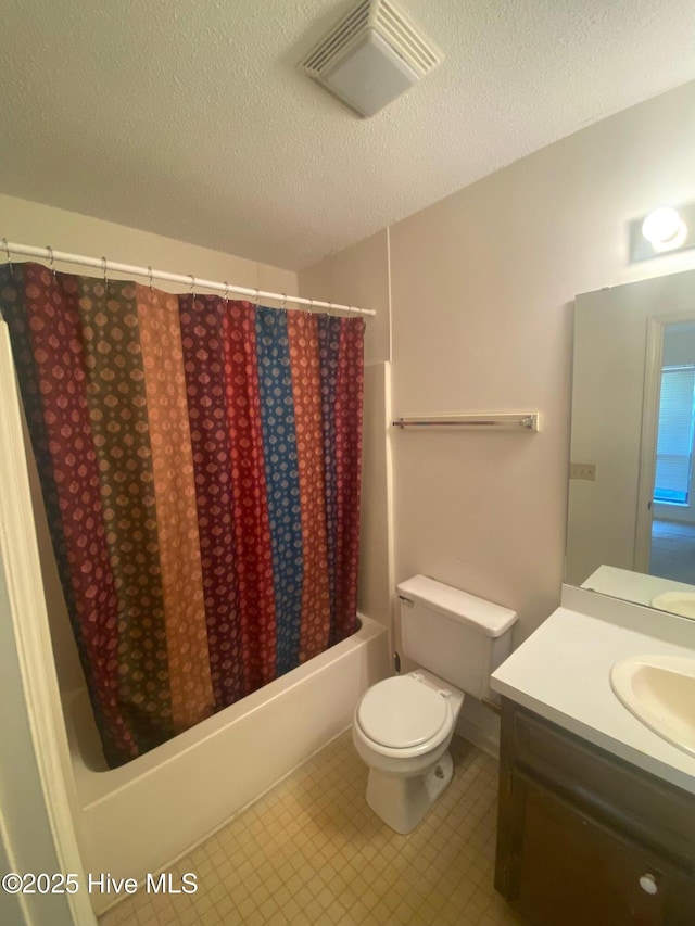 full bathroom with shower / bath combo, visible vents, toilet, a textured ceiling, and vanity