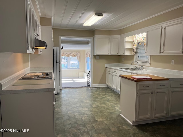 kitchen featuring white cabinets, freestanding refrigerator, light countertops, under cabinet range hood, and a sink