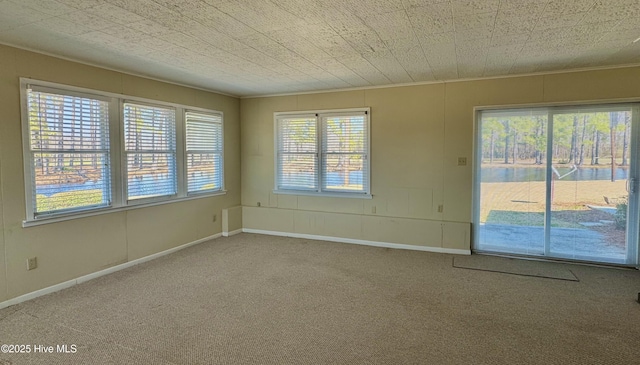 spare room featuring ornamental molding, carpet flooring, and baseboards