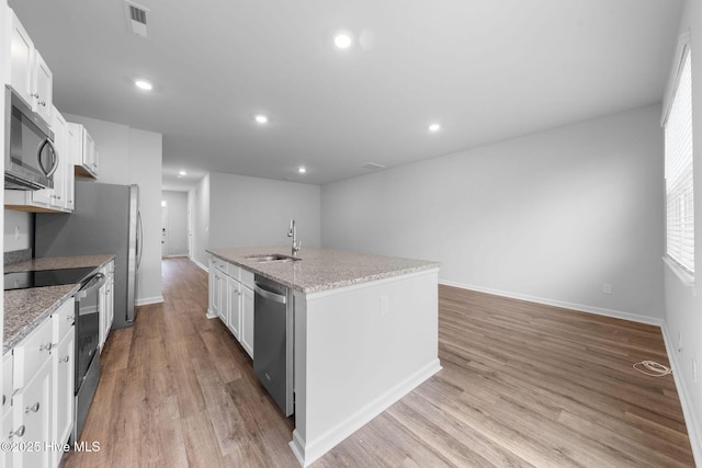 kitchen with a center island with sink, white cabinetry, stainless steel appliances, and a sink