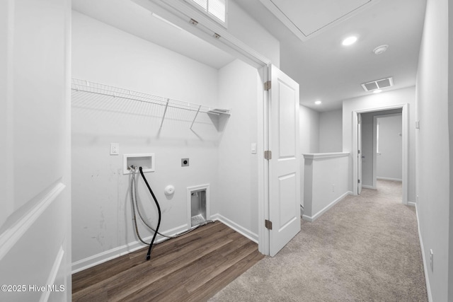 washroom with laundry area, visible vents, gas dryer hookup, hookup for a washing machine, and electric dryer hookup