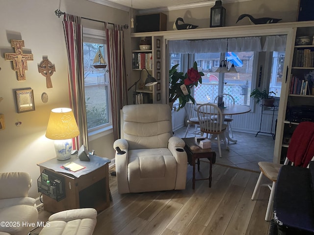 sitting room with a healthy amount of sunlight and hardwood / wood-style floors