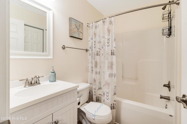 bathroom with vanity, toilet, and shower / tub combo with curtain