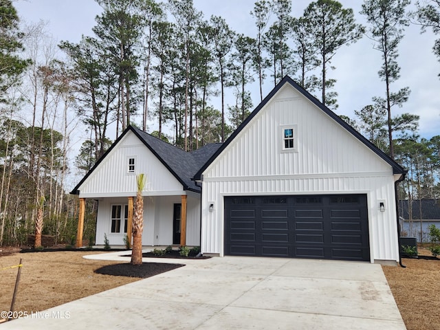 modern farmhouse style home with a garage