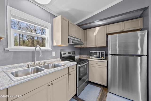 kitchen with under cabinet range hood, light countertops, a sink, and appliances with stainless steel finishes