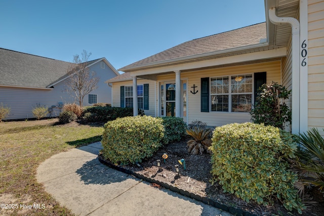 view of exterior entry featuring roof with shingles and a lawn