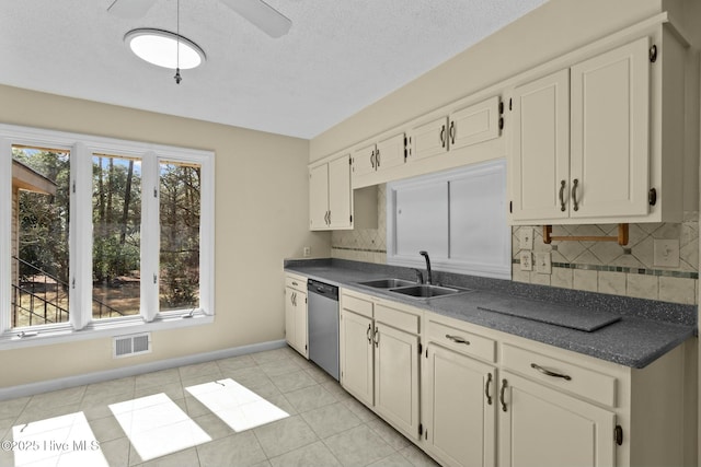 kitchen featuring stainless steel dishwasher, backsplash, dark countertops, and a sink