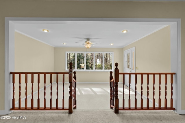 bedroom with recessed lighting, carpet flooring, crown molding, and baseboards