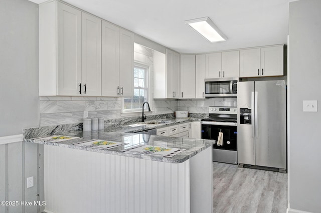 kitchen featuring stainless steel appliances, white cabinets, a peninsula, and decorative backsplash
