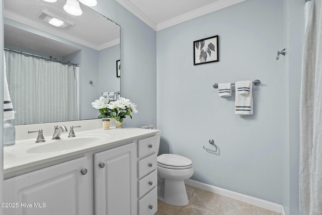 bathroom with toilet, vanity, visible vents, baseboards, and ornamental molding