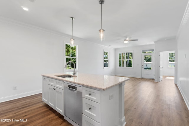 211 NE 78th St, Oak Island, NC 28465 - kitchen with dishwasher, a sink, ornamental molding, ceiling fan, and white cabinetry