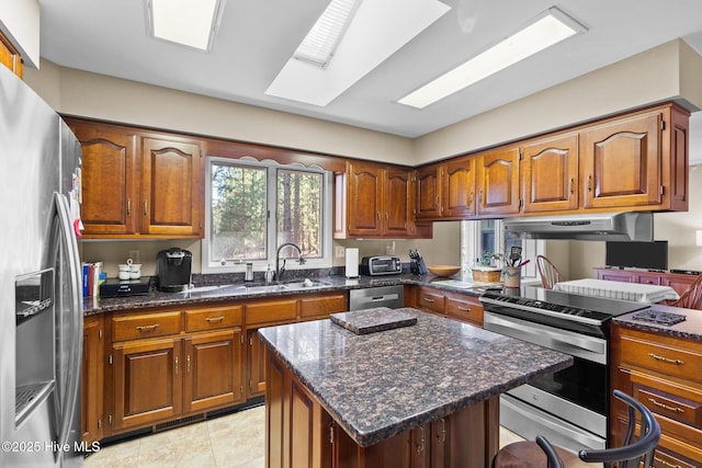 kitchen featuring stainless steel appliances, brown cabinets, a sink, and under cabinet range hood