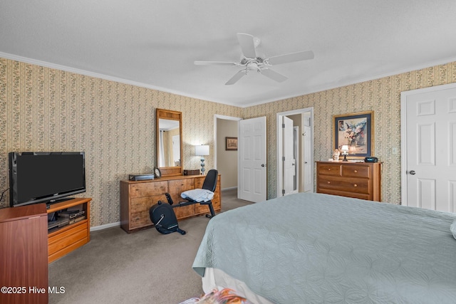 bedroom featuring ornamental molding, carpet, and wallpapered walls