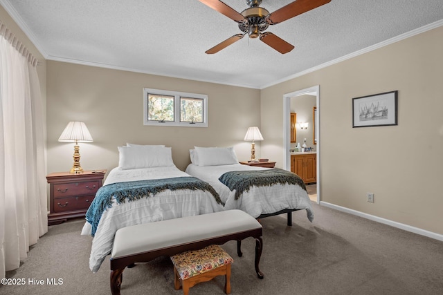 bedroom with light colored carpet, crown molding, a textured ceiling, and baseboards