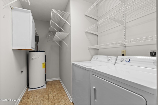 laundry area with water heater and washing machine and clothes dryer