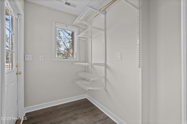 spacious closet with dark hardwood / wood-style flooring