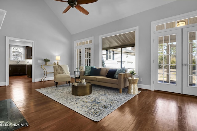 1307 Edgewater Club Rd, Wilmington, NC 28411 - living area with french doors, a ceiling fan, dark wood-style flooring, high vaulted ceiling, and baseboards