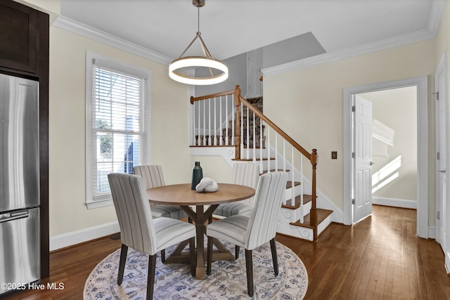 1307 Edgewater Club Rd, Wilmington, NC 28411 - dining area featuring stairway, dark wood-type flooring, crown molding, healthy amount of natural light, and baseboards