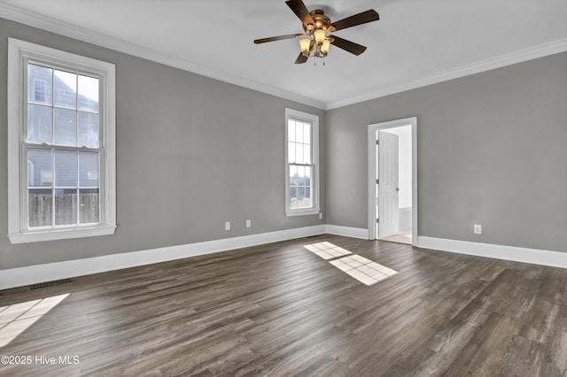 1307 Edgewater Club Rd, Wilmington, NC 28411 - unfurnished room with crown molding, dark wood-type flooring, a ceiling fan, and baseboards