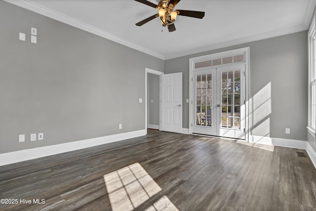 1307 Edgewater Club Rd, Wilmington, NC 28411 - spare room with french doors, ceiling fan, baseboards, dark wood-style flooring, and crown molding