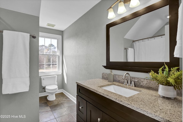 1307 Edgewater Club Rd, Wilmington, NC 28411 - bathroom with toilet, baseboards, vanity, a textured wall, and a shower with curtain