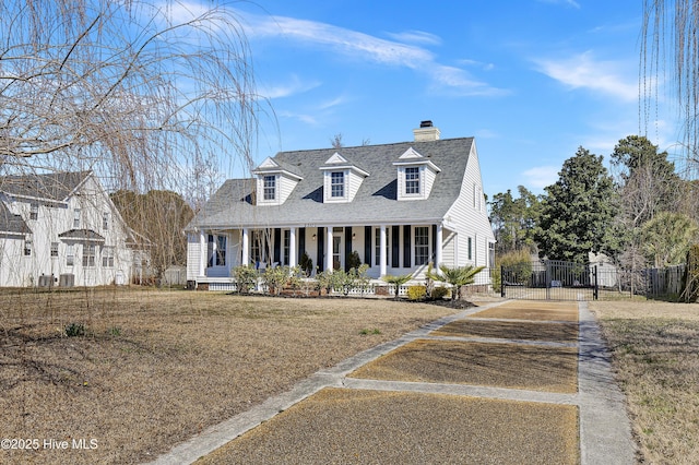 1307 Edgewater Club Rd, Wilmington, NC 28411 - cape cod home featuring a porch, a chimney, a gate, and a shingled roof