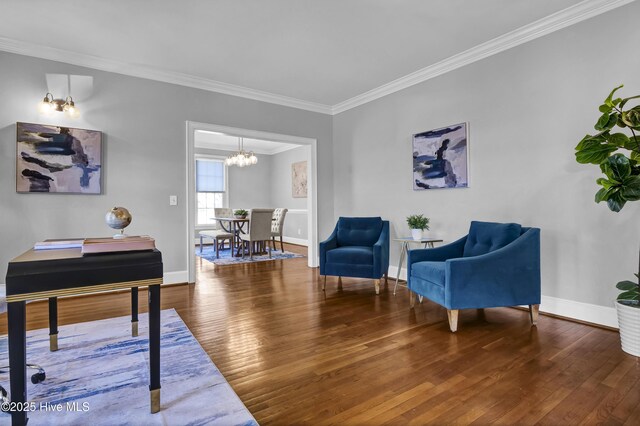 1307 Edgewater Club Rd, Wilmington, NC 28411 - sitting room featuring ornamental molding, hardwood / wood-style floors, a chandelier, and baseboards