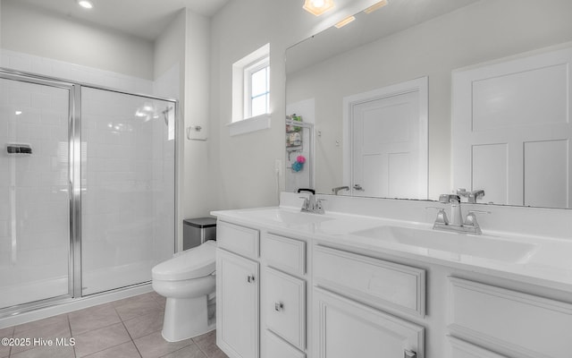 bathroom featuring tile patterned floors, vanity, an enclosed shower, and toilet