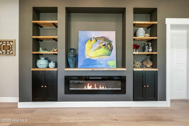 room details featuring baseboards, built in features, wood finished floors, and a glass covered fireplace