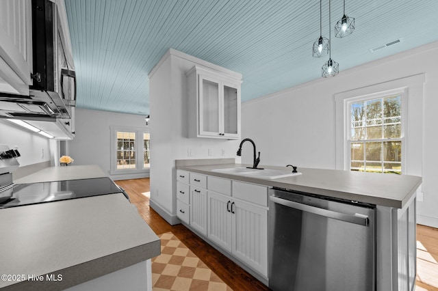 kitchen with a sink, glass insert cabinets, white cabinets, and stainless steel dishwasher