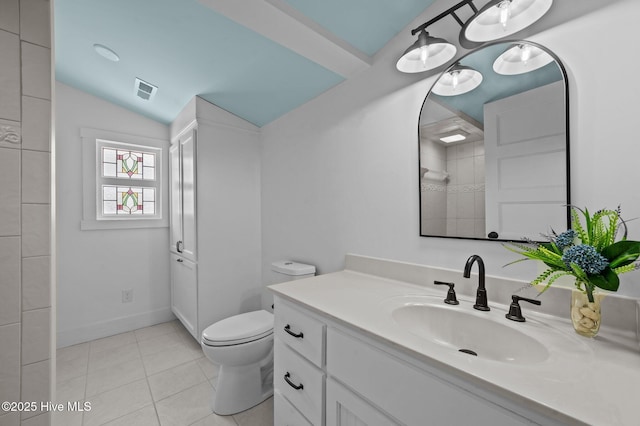 bathroom featuring visible vents, toilet, lofted ceiling, tile patterned flooring, and vanity