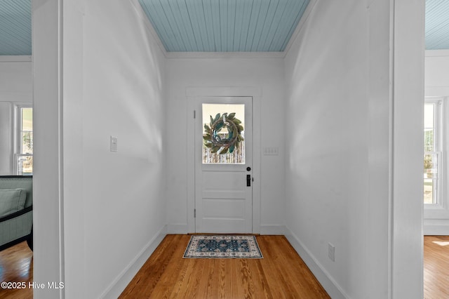 entryway with crown molding, baseboards, and wood finished floors