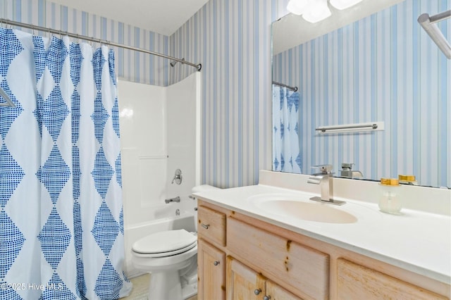 full bathroom featuring shower / tub combo, vanity, toilet, and wallpapered walls