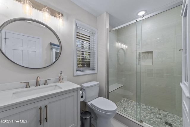 bathroom featuring a stall shower, vanity, and toilet