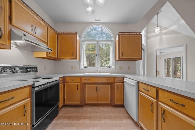 kitchen featuring light countertops, under cabinet range hood, electric stove, a sink, and dishwasher