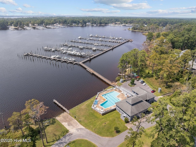 aerial view featuring a water view