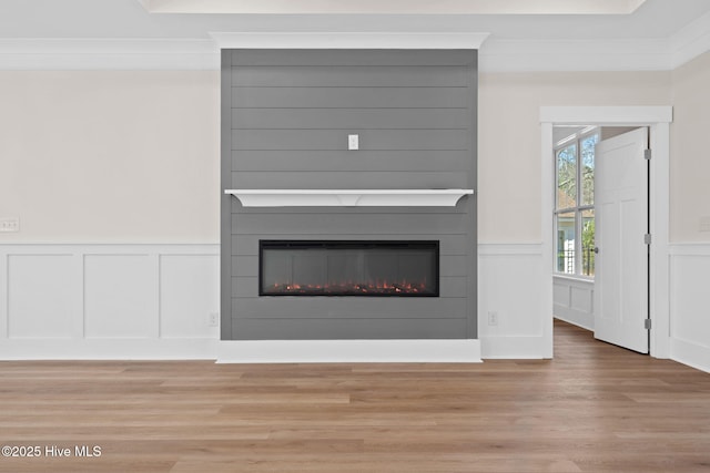 room details with a fireplace, ornamental molding, and hardwood / wood-style floors