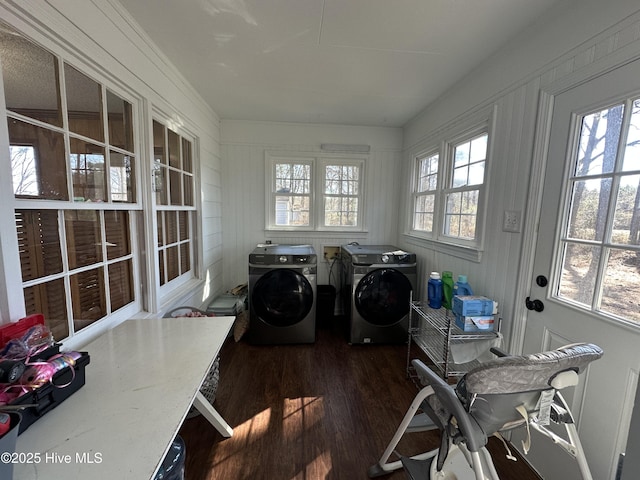 laundry room featuring washing machine and dryer, laundry area, a healthy amount of sunlight, and wood finished floors