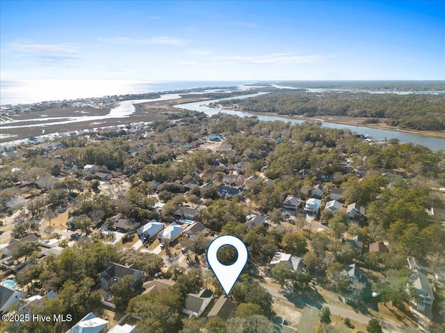 aerial view with a water view and a residential view