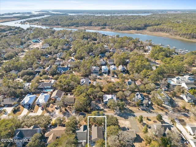 aerial view featuring a water view and a residential view