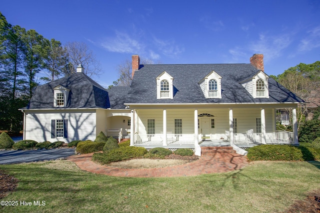 view of front of house with a porch, a front yard, roof with shingles, and a chimney