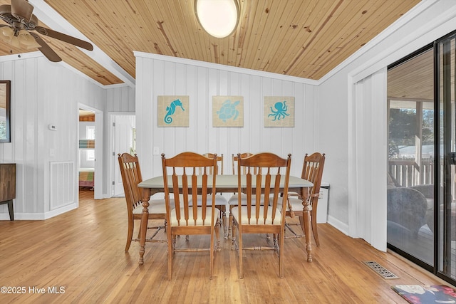 dining area featuring wooden ceiling, light wood finished floors, visible vents, and vaulted ceiling