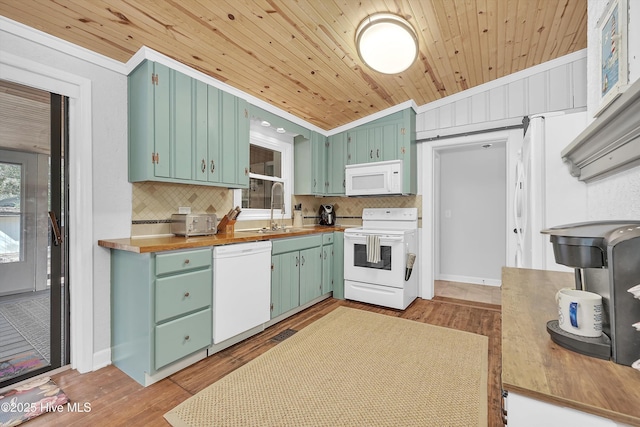 kitchen featuring white appliances, butcher block counters, a sink, wood ceiling, and light wood-style floors