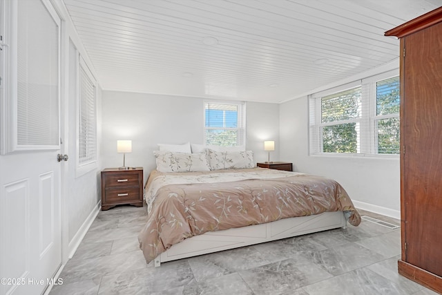 bedroom featuring wood ceiling and baseboards