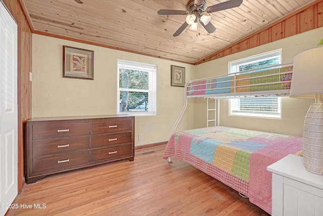 bedroom featuring light wood finished floors, visible vents, wooden ceiling, ceiling fan, and vaulted ceiling