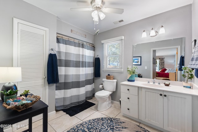 full bathroom with visible vents, toilet, ceiling fan, tile patterned flooring, and vanity