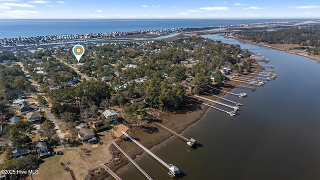 drone / aerial view featuring a water view