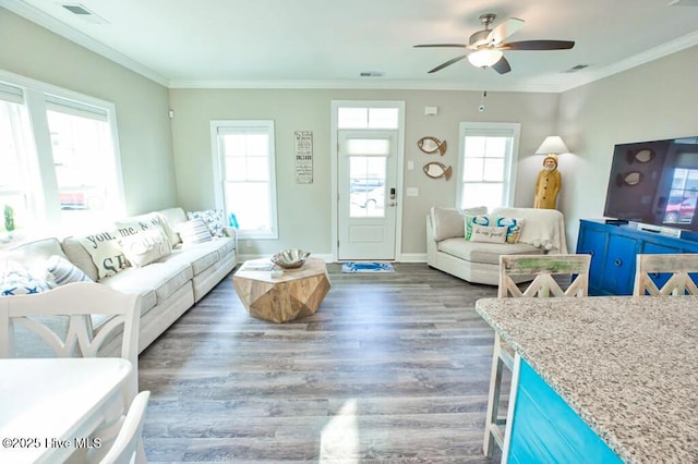 living room with ceiling fan, ornamental molding, and dark wood-type flooring